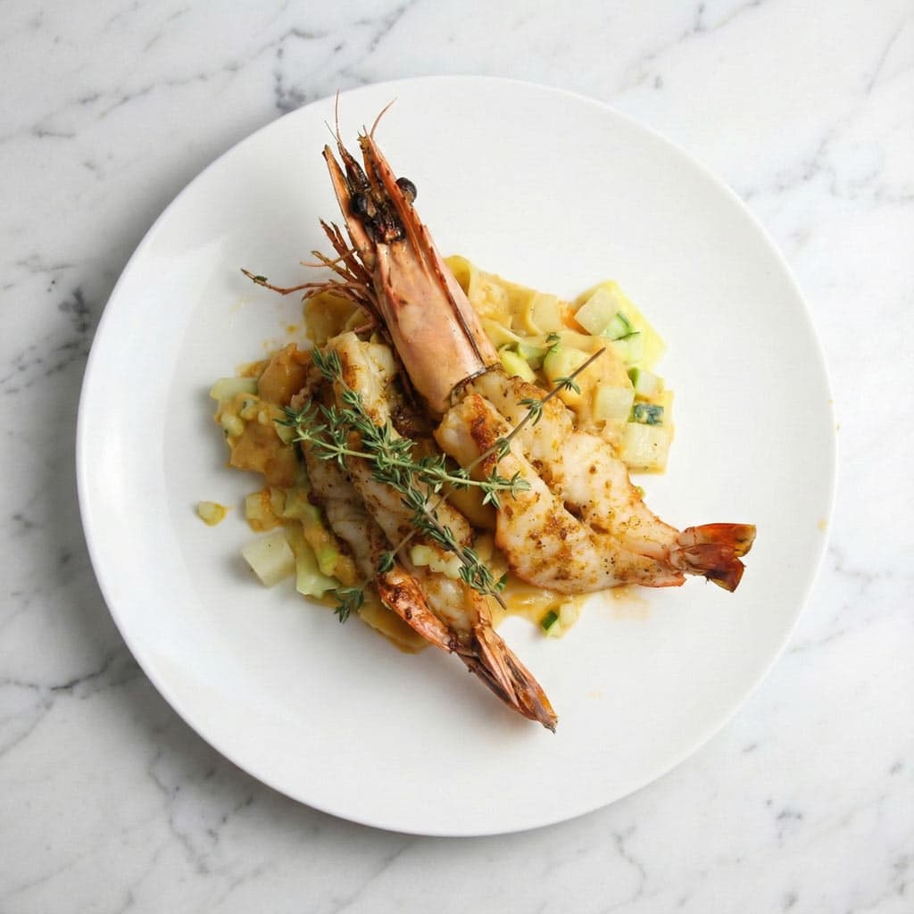 1 RAVIOLE OUVERTE DE GAMBAS / LAIT DE COCO / DUXELLES DE PETITS LÉGUMES