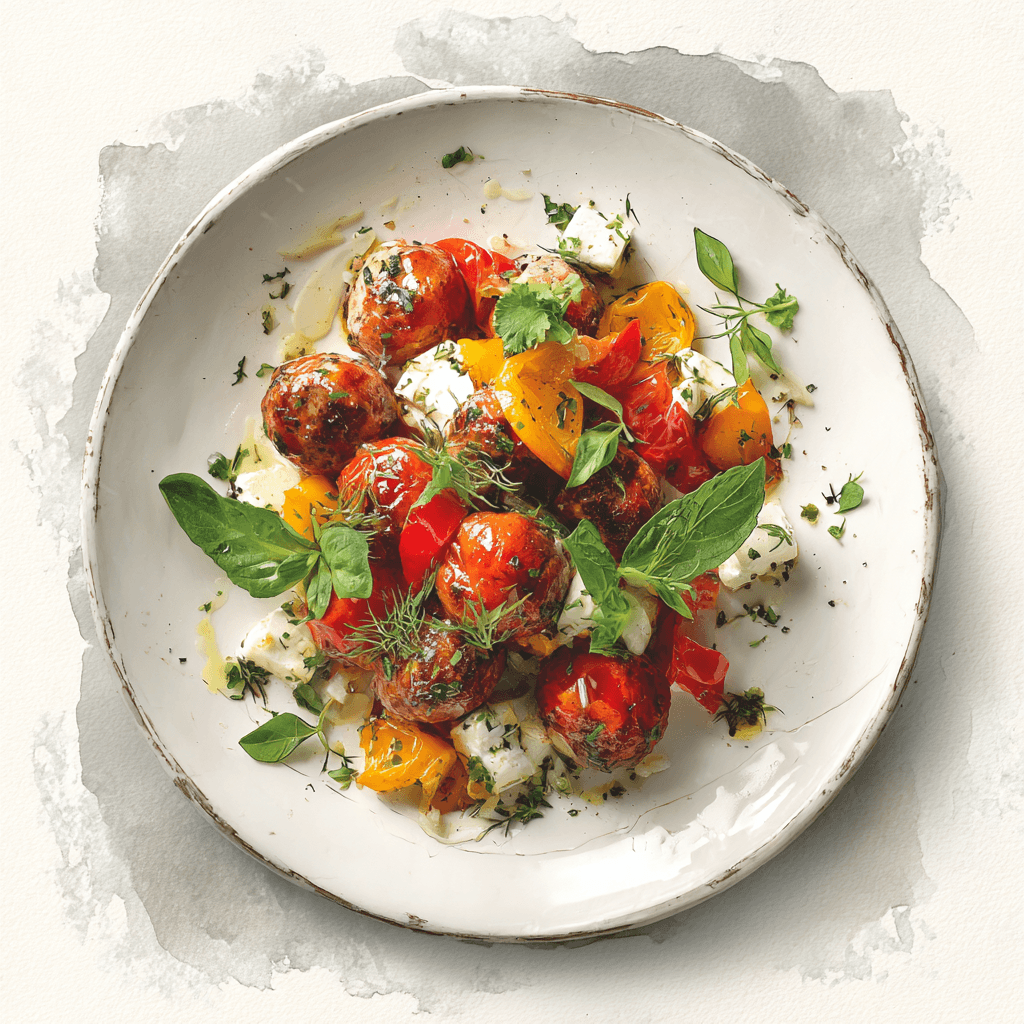 3 - 4P LAMB MEATBALLS WITH TOMATO, PEPPERS AND FETA, HERBED ORZO