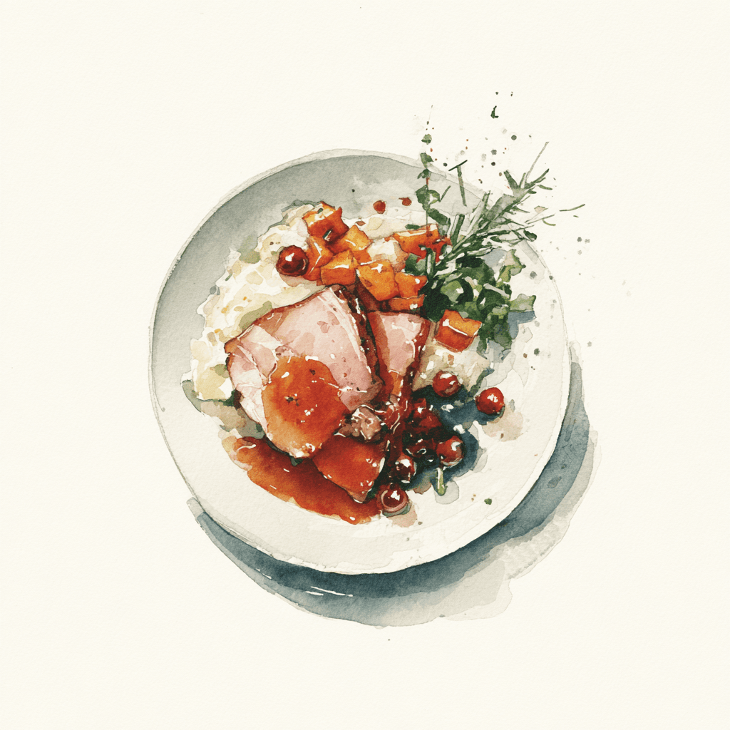 3 - 5P BONELESS HAM, BROWN ONION AND GINGER SAUCE, HONEY-CARAMELIZED PUMPKIN WITH SOY AND CRANBERRIES, CELERIAC PURÉE