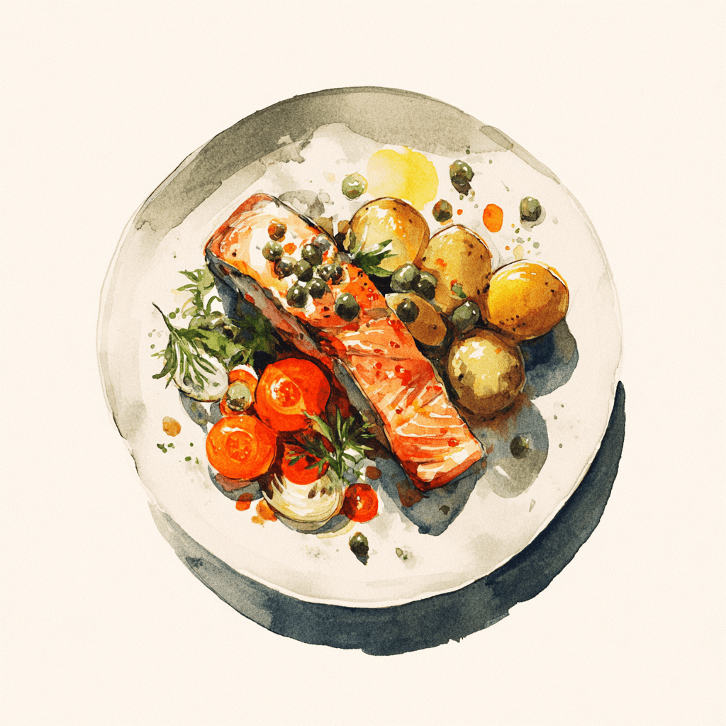 3 - 6P GRILLED SALMON STEAK, MOUSSELINE WITH CAPERS AND LIME, CARROTS AND CELERIAC WITH SHALLOT, SPICED POTATOES