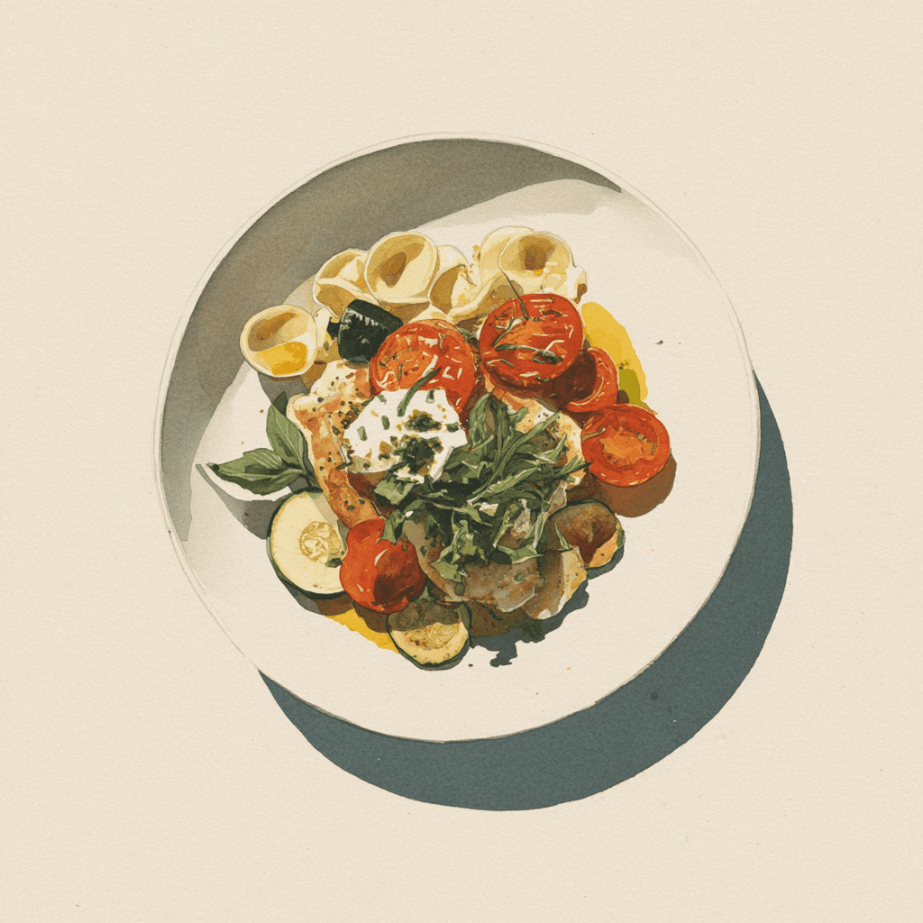 3 - 10P CHICKEN SUPREME WITH TOMATOES AND STRACCIATELLA, BAKED ZUCCHINI AND ONIONS, ORECCHIETTE WITH BASIL OIL