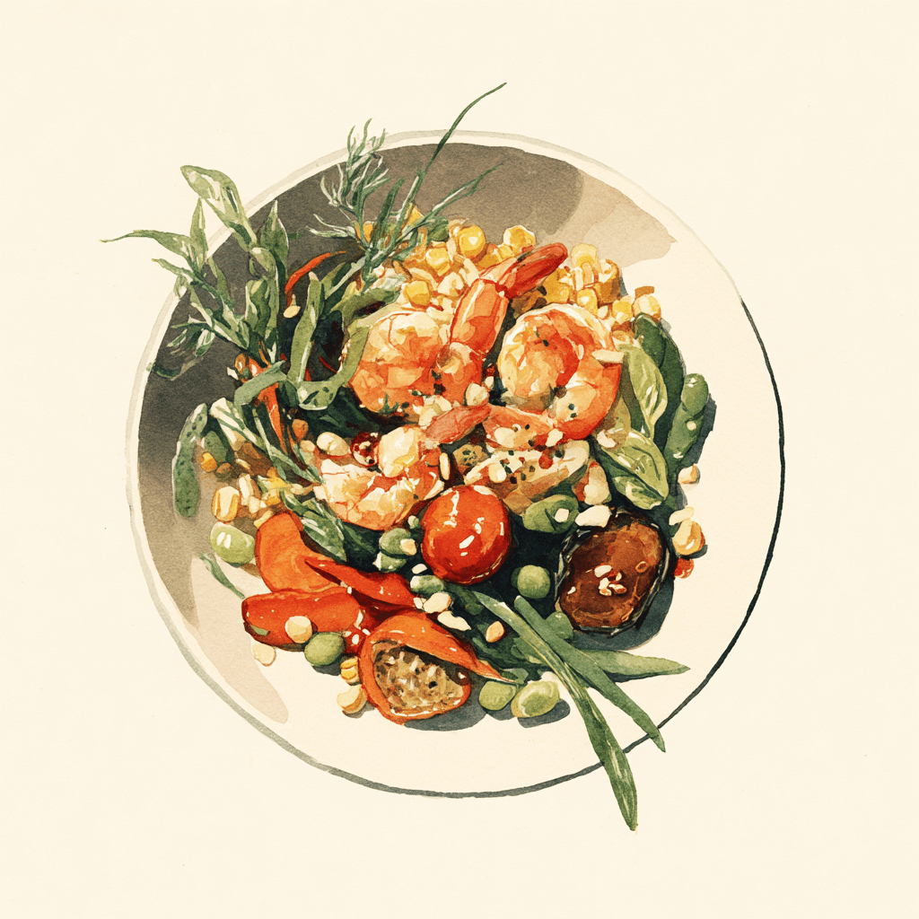 4 - 7P SCAMPI GRILLES AUX HERBES, DAHL AUX LENTILLES ET LEGUMES DE SAISON