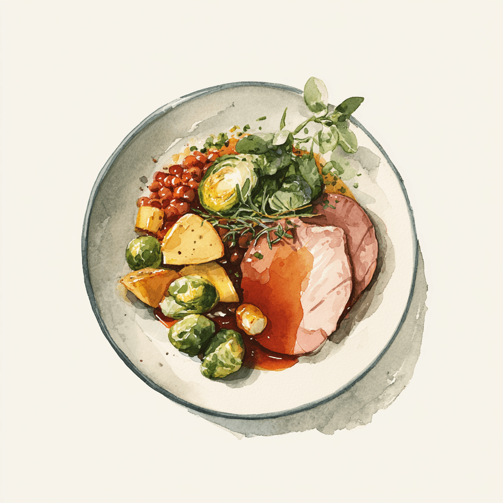 1 - 6P BONELESS HAM, BROWN GRAVY, LENTIL STEW, BRUSSELS SPROUTS AND POTATOES