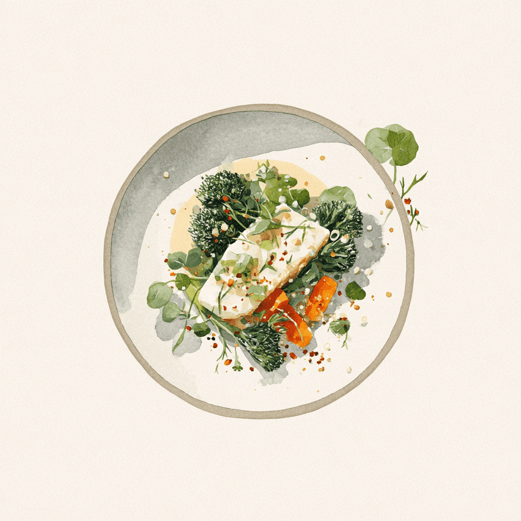 1 - 7P SPICED POLLOCK FILLET, COCONUT MILK SAUCE, BROCCOLI AND CARROTS WITH SHALLOTS, HERBED PEARL COUSCOUS