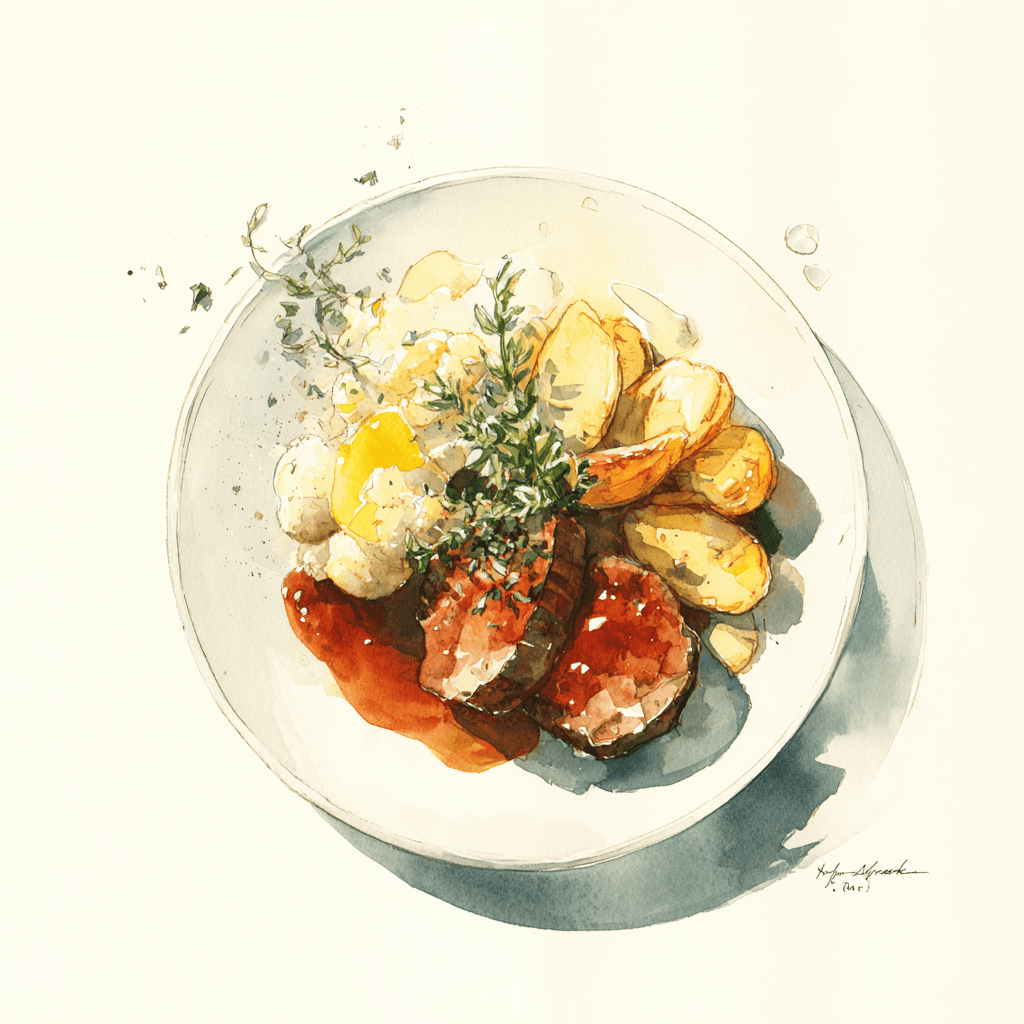 1 - 10P MEATLOAF, BROWN SAUCE WITH FRESH THYME, CAULIFLOWER IN BECHAMEL, POTATO WEDGES