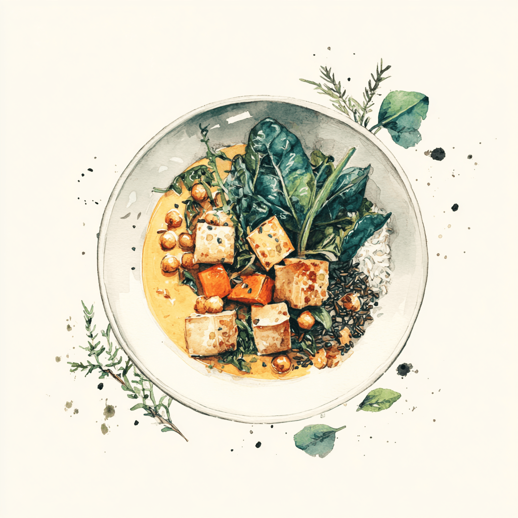 1 - 13P VEGETABLE CURRY, CHICKPEAS, LENTILS, SPINACH, GRILLED TOFU CUBES, WILD RICE