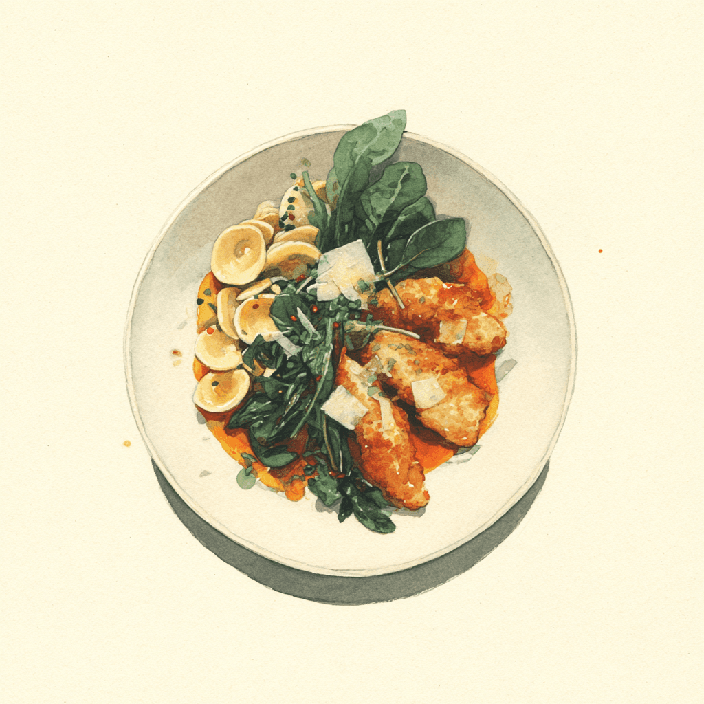 2 - 4P CHICKEN TENDERS, ENDIVE SAUCE, SAUTÉED SPINACH, ORECCHIETTE WITH PARMESAN