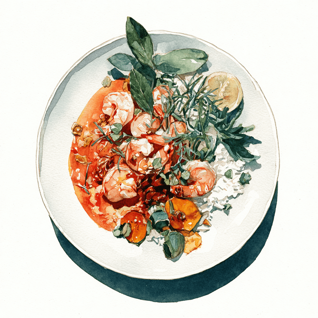 2 - 5P SCAMPI, RED CURRY SAUCE, LEEKS, ROASTED PUMPKIN AND CARROTS, BASMATI RICE