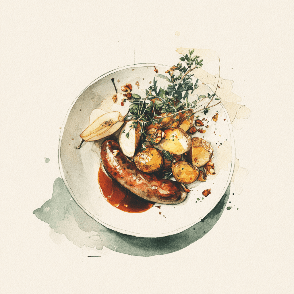 2 - 8P CHIPOLATA, BROWN SAUCE, THYME-GLAZED PEARS WITH UNION SQUARE NUTS, SPICED ROASTED POTATOES