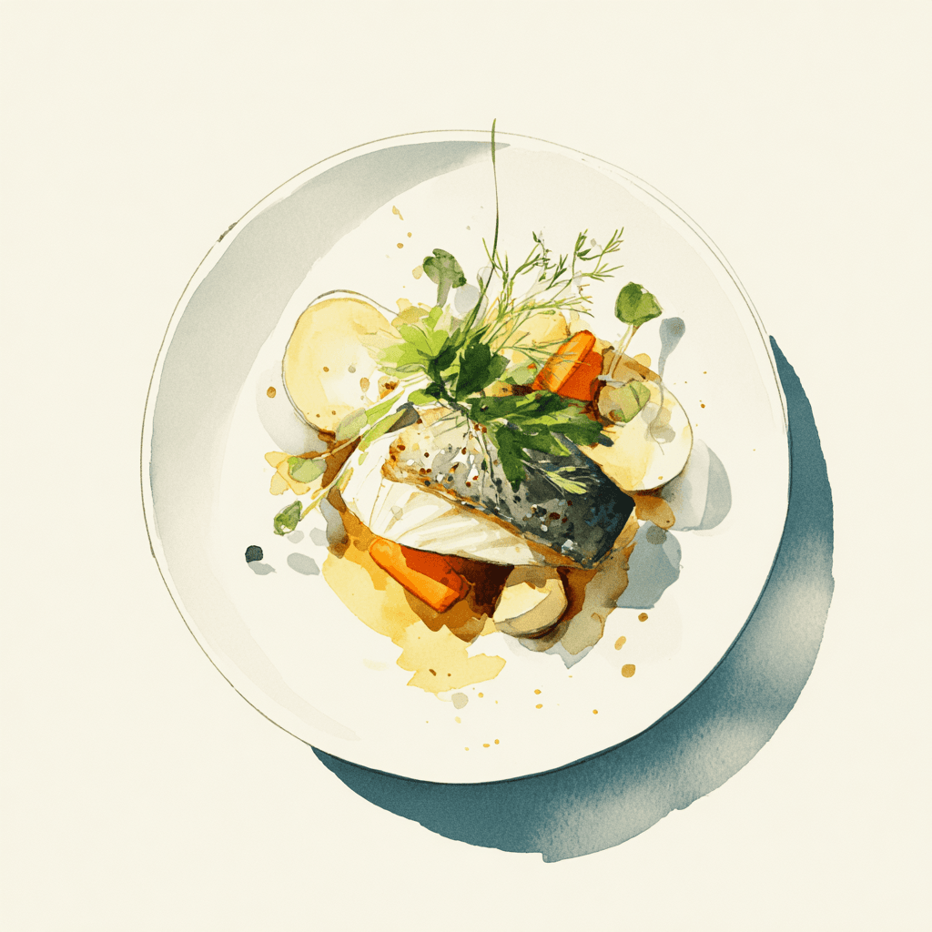 2 - 9P SEA BREAM FILLET IN SPICE CRUST, TARRAGON SAUCE, CARROTS AND CELERY, FLAT-PARSLEY POTATOES