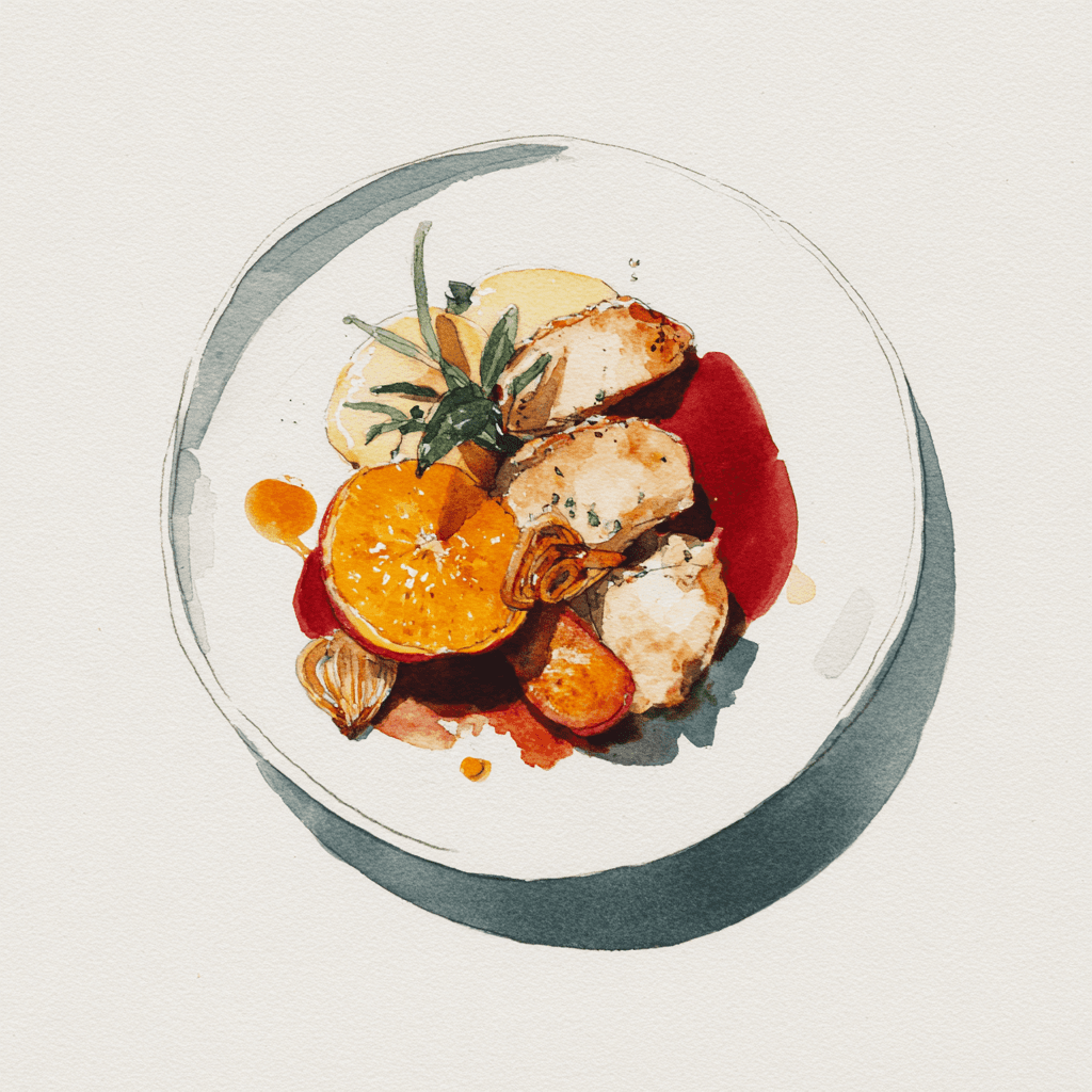 2 - 10P SMALL CHICKEN BREAST SUPREMES IN RED WINE SAUCE, BAKED APPLE WITH ORANGE AND GRILLED ONIONS, CELERIAC PURÉE