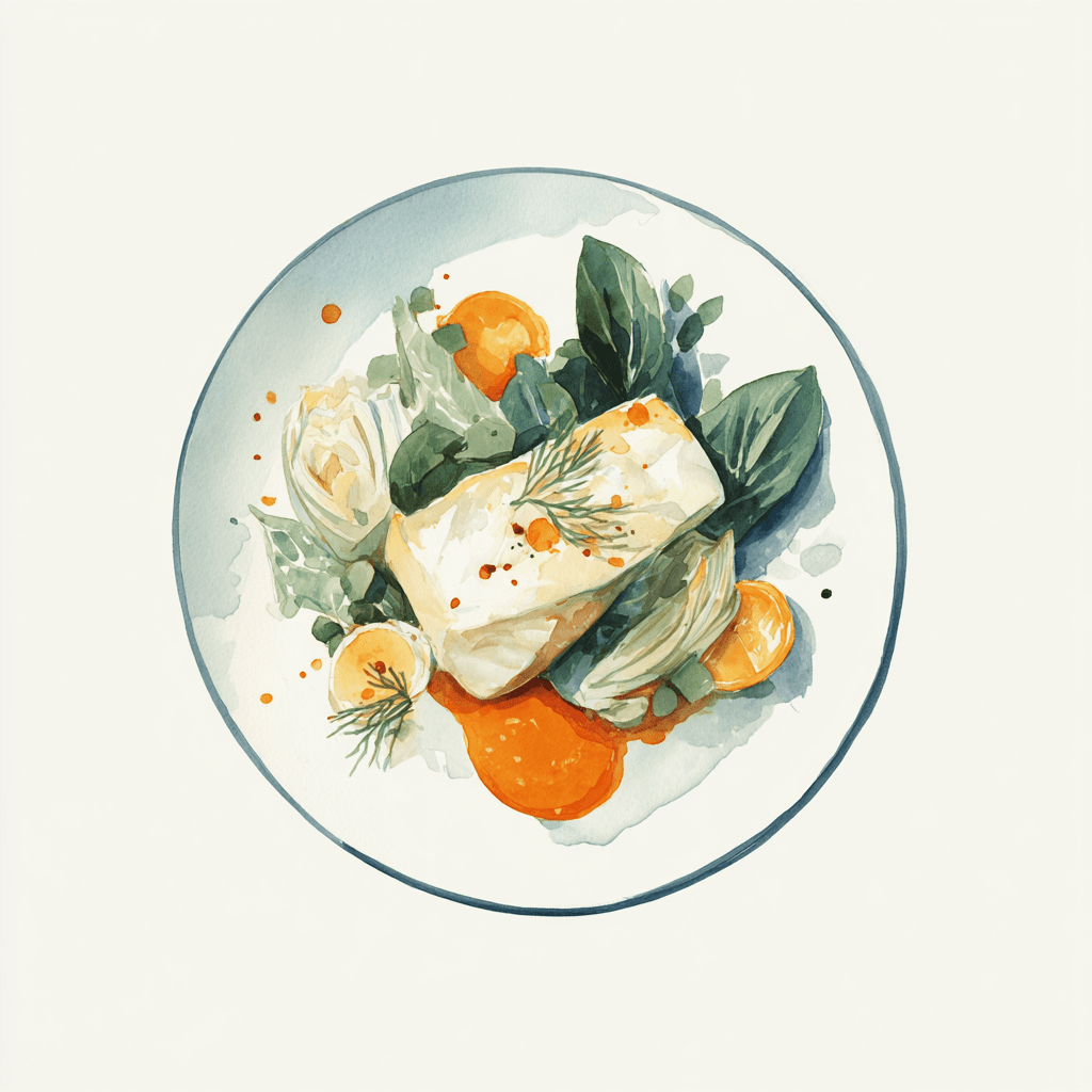 2 - 12P HAKE FILLET WITH SPICES, LEMON LEAF SAUCE, BRAISED CHICORY AND ONIONS, CARROT PURÉE WITH RAS EL HANOUT