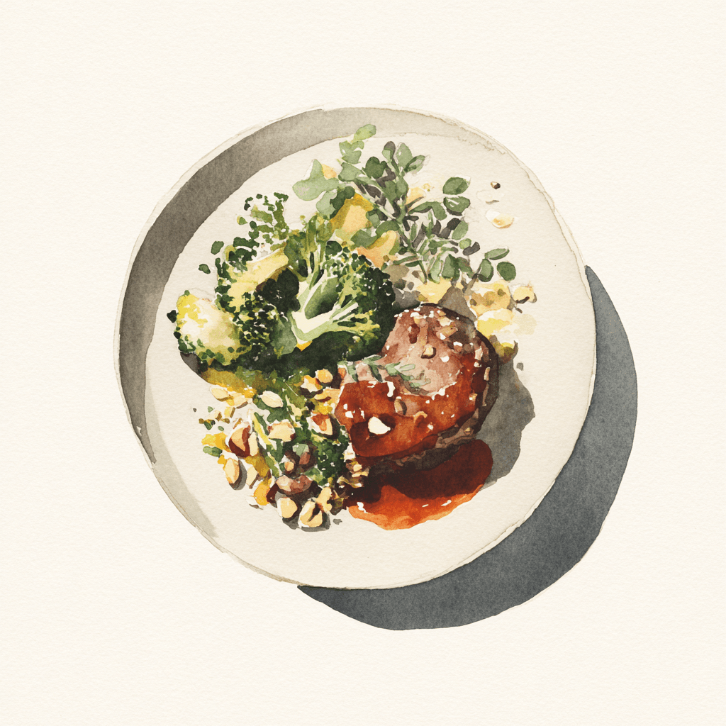 2 - 13P VEAL CREPINETTE, BROWN SAUCE, BROCCOLI WITH NUTS, ORZO WITH FRESH HERBS