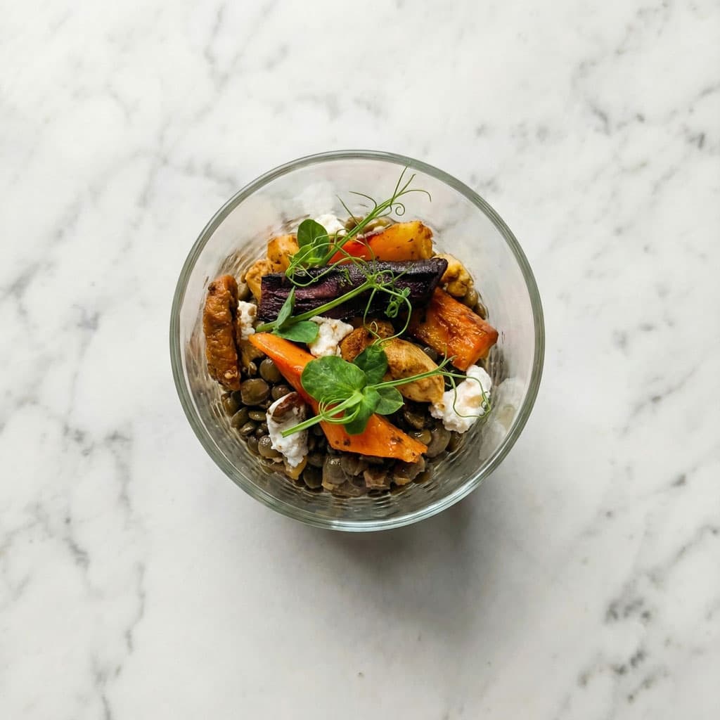 LENTILLES / CAROTTES TRICOLORES / CRUMBLE DE CHEVRE / SAUCE VERTE AU LAIT DE COCO ET AU CURRY