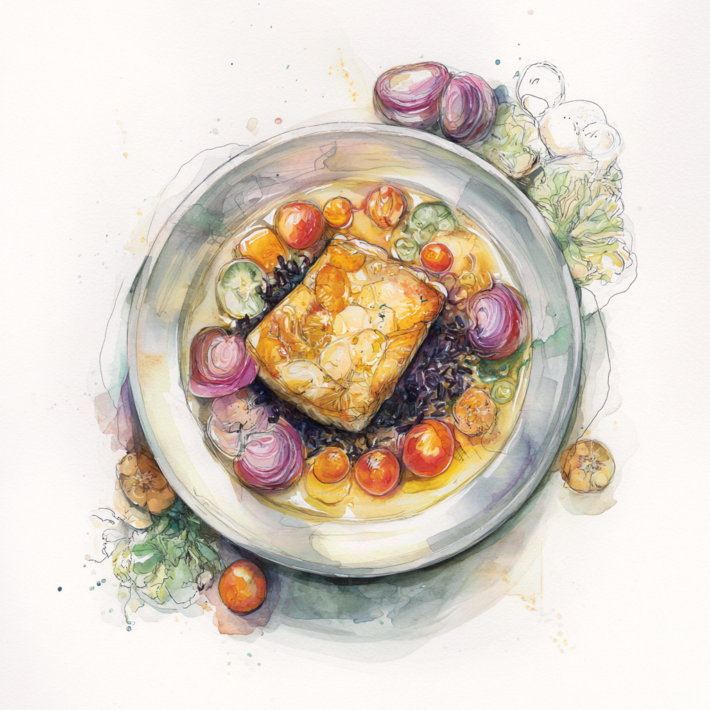 3 - 1P FILET DE DAURADE EN CROUTE D'HERBES, POT AU FEU DE TOMATES, OIGNONS ET CELERI-RAVE AU FOUR, RIZ NOIR AUX EPICES