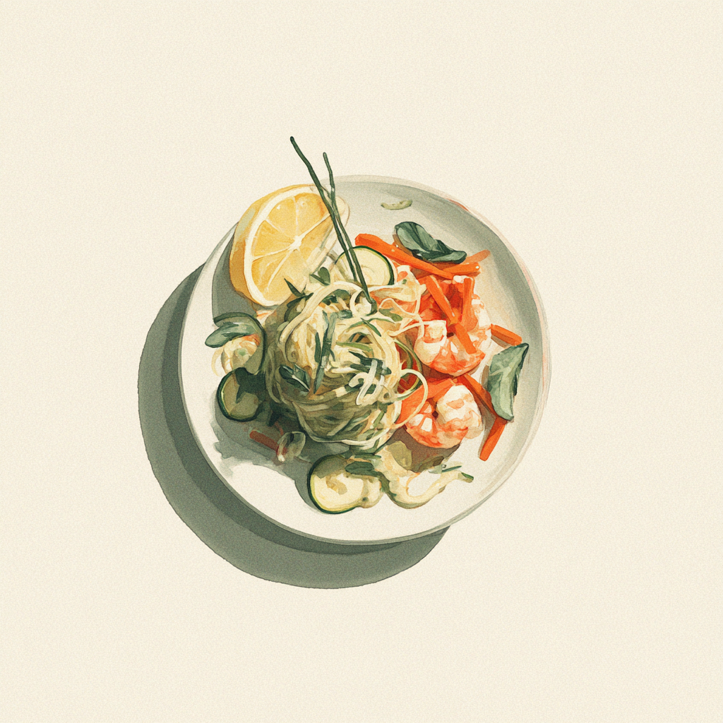3 - 9P SCAMPI'S, SAUS MET CITROENBLAADJES, LINGUINE, SPAGHETTI VAN WORTELEN EN COURGETTES