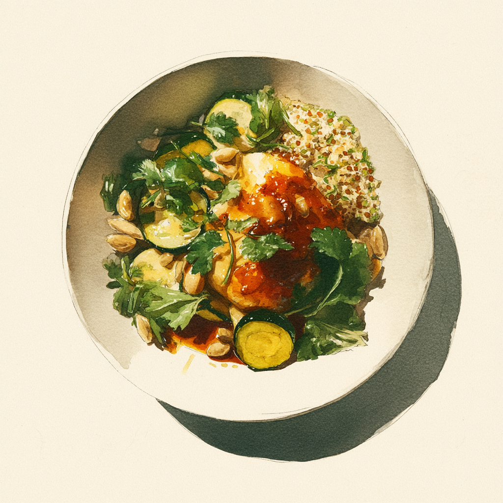 4 - 4P POULARDE TAGINE WITH CURRY-CORIANDER SAUCE, ZUCCHINI AND RAISINS, GREEN HERB QUINOA