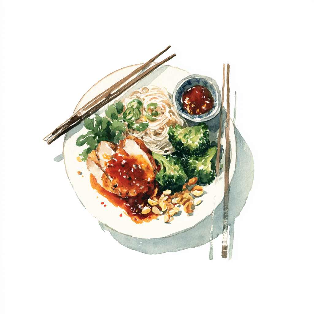 4 - 6P BONELESS POULARDE THIGH, MISO AND PEANUT SAUCE, BROCCOLI WITH NUTS, UDON NOODLES
