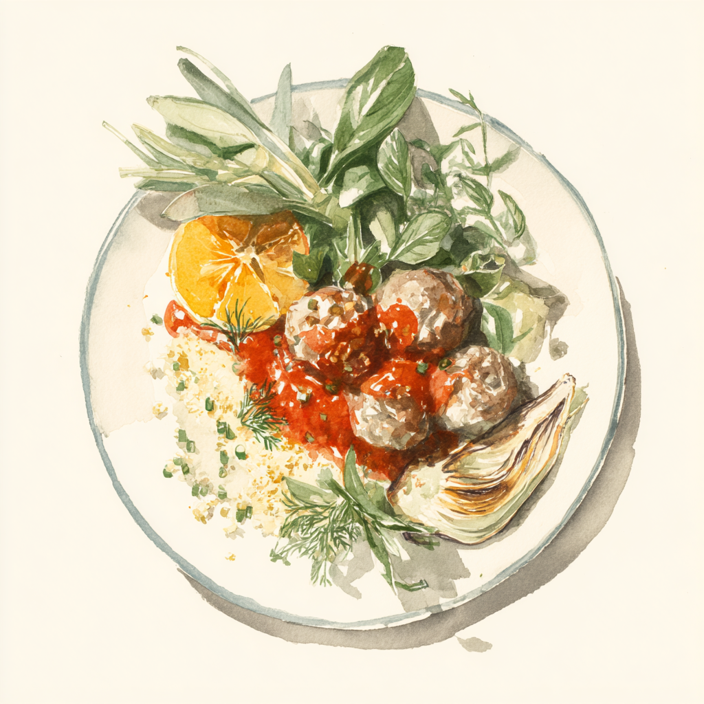 4 - 11P BALLETJES LAMSGEHAKT, TOMATENSAUS MET KOMIJN, GEGRILDE VENKEL MET SINAASAPPEL, GRIESMEEL MET GROENE KRUIDEN