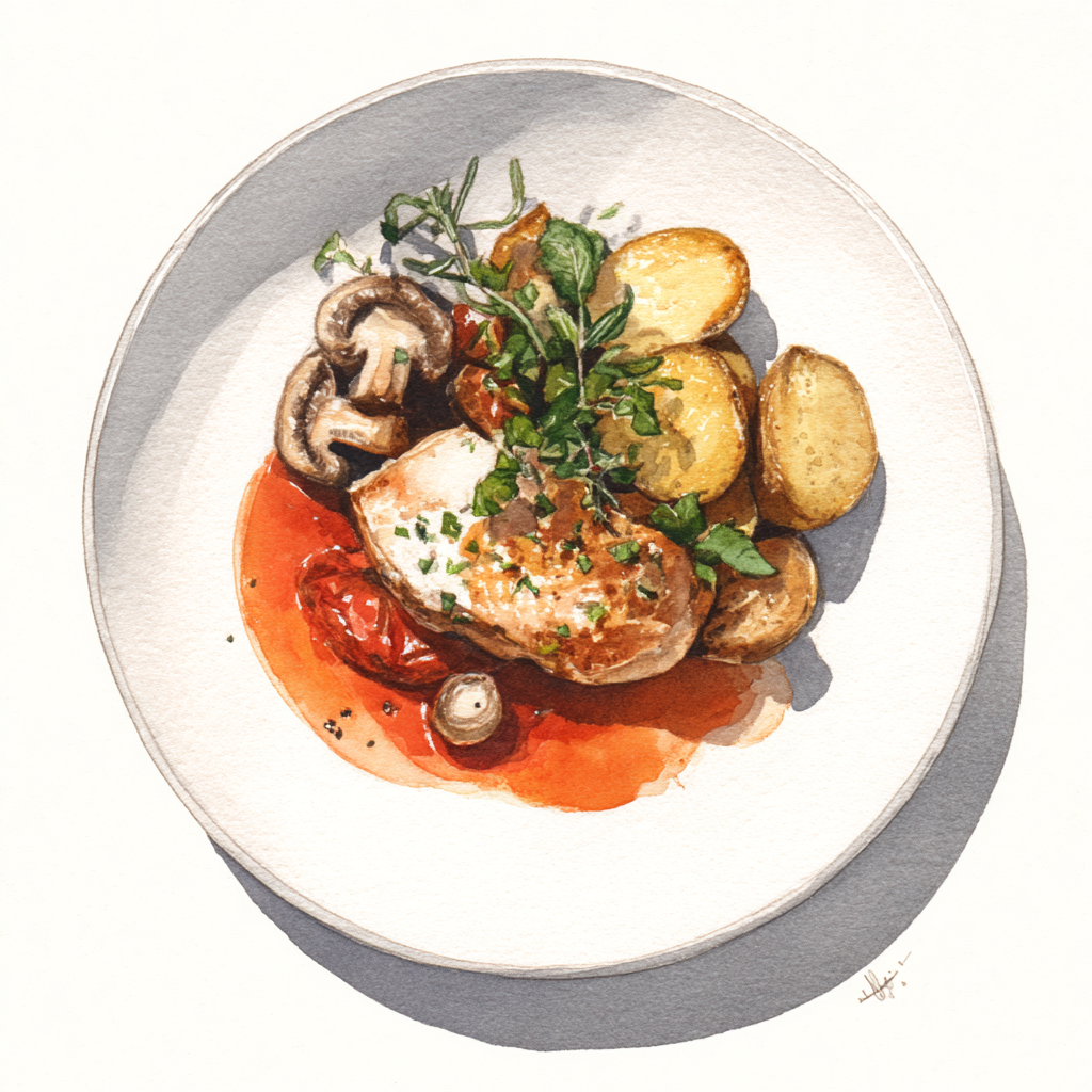 4 - 14P POULET MARENGO, CHAMPIGNONS DE PARIS GRILLES AU FOUR, AU PERSIL ET A L'ECHALOTE, QUARTIERS DE POMMES DE TERRE AUX EPICES