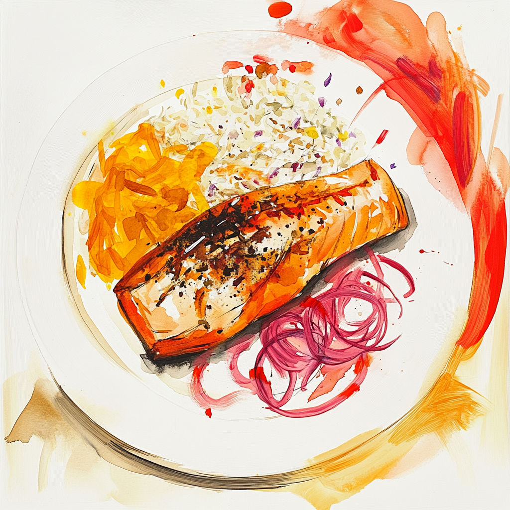 1 - 1P SPICED SALMON FILLET, GLAZED ORANGE AND POMEGRANATE SAUCE, ROASTED RED ONIONS AND FENNEL, BASMATI RICE