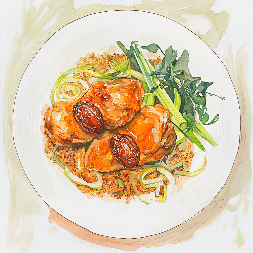1 - 3P ONTBEENDE KIPPENBIL MET DADELS, HONING EN HARISSA, GEBAKKEN PREI MET UIEN, QUINOA MET KRUIDEN