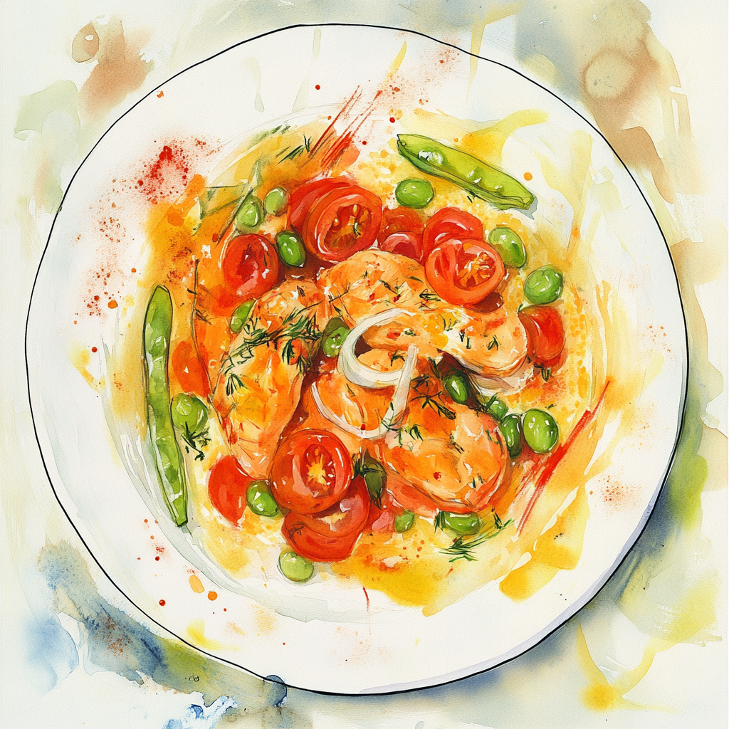 1 - 7P KLEINE KIPFILETS, DRAGONSAUS MET TOMATENBLOKJES, SUGAR SNAPS, EDAMAME EN UI, POLENTA MET PARMEZAAN