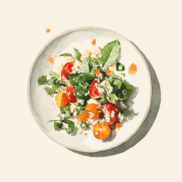 [525303  - 92 / FTK] 3 - 3E SALADE VAN QUINOA MET ROZIJNEN / KERSTOMATEN / WORTELEN / GROENE KRUIDEN