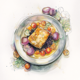 [526301 - 92 / FTK] 3 - 1P FILET DE DAURADE EN CROUTE D'HERBES, POT AU FEU DE TOMATES, OIGNONS ET CELERI-RAVE AU FOUR, RIZ NOIR AUX EPICES