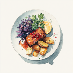 [526303  - 92 / FTK] 3 - 3P PAIN DE VIANDE, JUS DE CUISSON, CHOUX ROUGES AUX POMMES ET RAISINS, QUARTIERS DE POMMES DE TERRE ROTIES