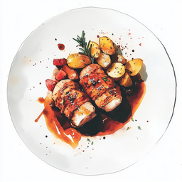[526304 - 92 / FTK] 3 - 4P STUFFED POULTRY ROLLS, ONION BROWN SAUCE, APPLE AND RHUBARB COMPOTE, HERB GARDEN COUSCOUS
