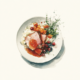 [526305 - 92 / FTK] 3 - 5P ONTBEENDE HAM, BRUINE JUS MET UIEN EN GEMBER, GEGRILDE POMPOEN MET HONING, SOJA EN VEENBESSEN, RAAPSELDERPUREE
