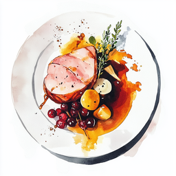 [526305 - 92 / FTK] 3 - 5P ONTBEENDE HAM, SAUS MET GROENE PEPER UIT MADAGASCAR, GEGRILDE ERYNGII CHAMPIGNONS MET PLATTE PETERSELIE, AARDAPPELPUREE