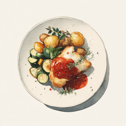 [526308 - 92 / FTK] 3 - 8P GEPANEERDE KALKOENFILET, TOMATENSAUS, PARMEZAAN, COURGETTES, UIEN EN PAPRIKA'S, GEBAKKEN AARDAPPELEN MET GROF ZOUT EN TIJMRIESMEEL MET GROENE KRUIDEN