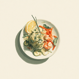[526309 - 92 / FTK] 3 - 9P SCAMPI'S, SAUS MET CITROENBLAADJES, LINGUINE, SPAGHETTI VAN WORTELEN EN COURGETTES