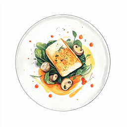 [526311 - 92 / FTK] 3 - 11P HAKE FILLET WITH SPICES, LEMON LEAF SAUCE, SAUTÉED MUSHROOMS AND CHARD WITH ONIONS, CARROT PUREE WITH RAS EL HANOUT