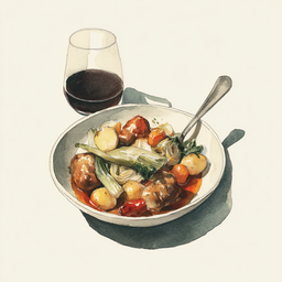 [526313 - 92 / FTK] 3 -13P CHICKEN STEW, LEEKS AND MUSHROOMS, POTATOES