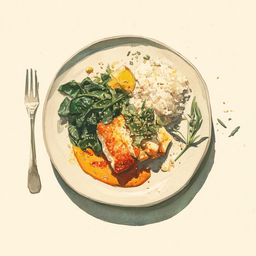 [526401 - 92 / FTK] 4 - 1P SPICED-CRUSTED LING FISH FILLET, TIKKA MASALA SAUCE, SPINACH WITH SHALLOTS AND GINGER, BASMATI RICE WITH SESAME SEEDS