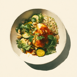 [526404 - 92 / FTK] 4 - 4P TAJINE DE POULARDE, SAUCE CURRY-CORIANDRE, COURGETTES ET RAISINS, QUINOA AUX HERBES VERTES