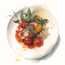 [526405 - 92 / FTK] 4 - 5P RED MULLET FILLET, SAUCE VIERGE, OVEN-GRILLED TOMATOES, WHOLE GRAIN RICE WITH BASIL, ONIONS AND PARMESAN