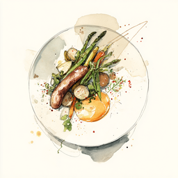[526408 - 92 / FTK] 4 - 8P CHIPOLATA, BROWN MUSTARD SAUCE, GRILLED GREEN BEANS AND ASPARAGUS, CARROT AND RAS EL HANOUT MASH
