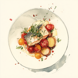 [526412 - 92 / FTK] 4 - 12P SEA BREAM FILLET, CHIVE MOUSSELINE, YELLOW BEETS AND CHERRY TOMATOES, OVEN-ROASTED POTATOES
