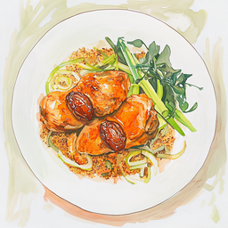 [526103  - 92 / FTK] 1 - 3P CUISSE DE POULET DESOSSEE AUX DATTES, MIEL ET HARISSA, POIREAUX AUX OIGNONS, QUINOA AUX EPICES