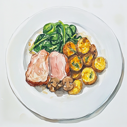 [526106 - 92 / FTK] 1 - 6P ONTBEENDE HAM, SAUS MET PADDENSTOELEN, JONGE BLADSPINAZIE MET SJALOT, GEBAKKEN AARDAPPELEN MET TIJM