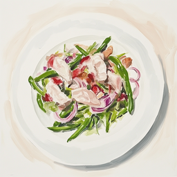 [526108 - 92 / FTK] 1 - 8P LUIKSE SALADE (KIP, GROENE BOONTJES, BINTJES, SPEKJES EN RODE UI)