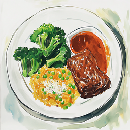 [526109 - 92 / FTK] 1 - 9P GEVOGELTE VLEESBROOD, BRUINE JUS, GEBAKKEN BROCCOLI, RISOTTO MET DOPERWTEN EN PARMEZAAN