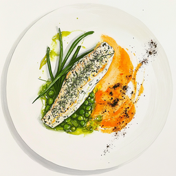 [526112 - 92 / FTK] 1 - 12P GOUDBRASEMFILET IN KRUIDENKORST, GROENE SAUS, GROENE BOONTJES EN SJALOTTEN, WORTELPUREE MET RAS EL HANOUT