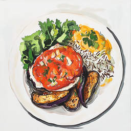 [526113 - 92 / FTK] 1 - 13P VEGAN HAMBURGER, RODE SAUS MET KOKOSMELK, GEGRILDE AUBERGINES, WILDE RIJST