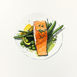 [526201 - 92 / FTK] 2 - 1P FILET DE SAUMON AUX EPICES, MOUSSELINE AUX CAPRES ET CITRON VERT, HARICOTS VERTS ET ASPERGES VERTES, QUARTIERS DE POMMES DE TERRE ROTIES