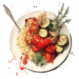 [526203  - 92 / FTK] 2 - 3P POULET JALFREZI (MEDIUM HOT), COURGETTES ET POIVRONS A L'ECHALOTE AU FOUR, SEMOULE AUX HERBES